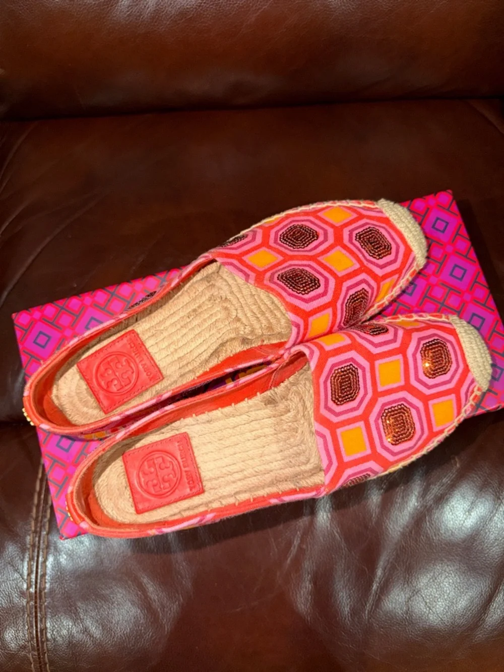 ‼️Tory Burch Cecily Embellished Espadrilles Flats geometric print with sequins